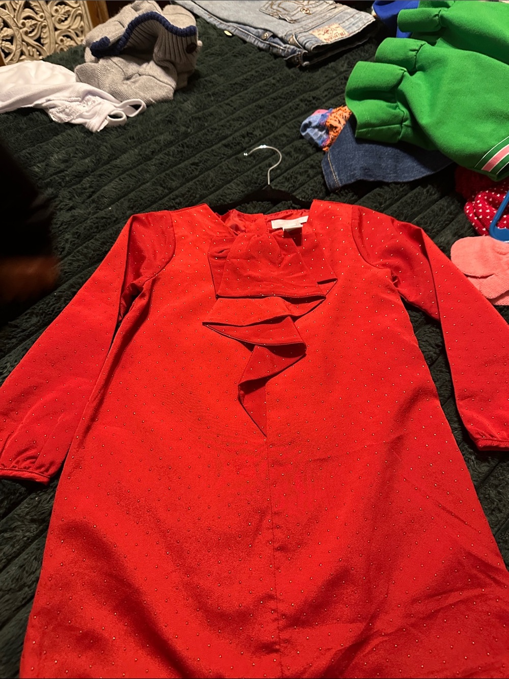 Red Ruffle Front Long Sleeve Dress